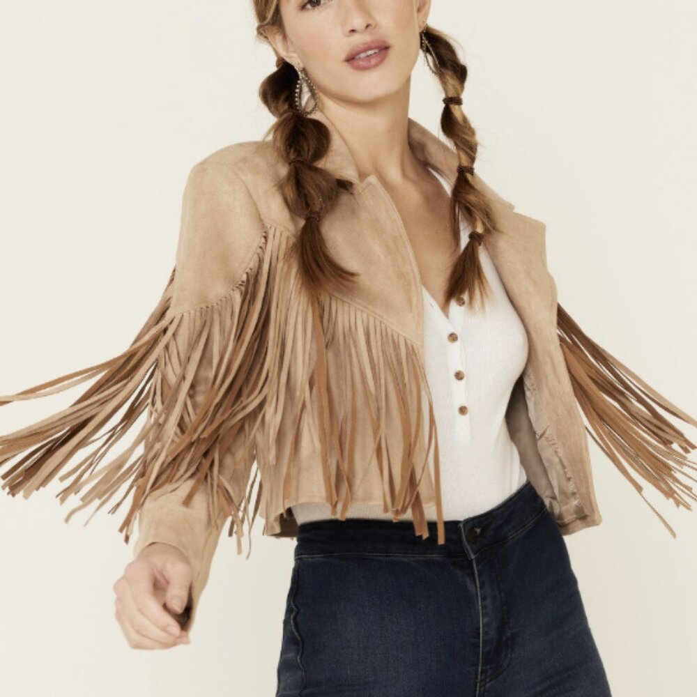 Women's Faux Suede Cropped Fringe Jacket